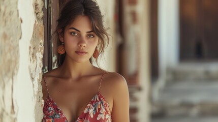 Naklejka premium A beautiful Spanish young woman in a summer dress with a deep neckline. AI generative.