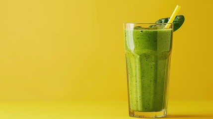 Green smoothie with spinach or other green vegetables and fruits on a yellow background.