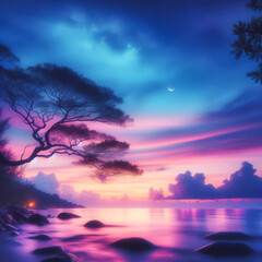 Fototapeta premium Pastel Serenity: Tranquil Sea Reflects Dreamy Twilight Colors. Soft Pastel Hues Paint a Peaceful Seascape. Serene Beauty. generative AI