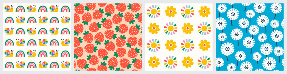 Set of summer vector seamless patterns. Childish cute naive hand drawn summer patterns design for children's textile, packaging, paper bags, wrapping paper