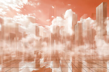 background,futuristic city skyline, characterized by glass skyscrapers and reflective surfaces, complemented by a serene sky with soft clouds, symbolizing innovation urban design,rich peach tones
