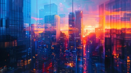 Fototapeta premium Futuristic Urban Sunset With Vibrant City Lights