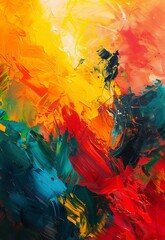 This dynamic abstract painting bursts with bright colors and bold brushstrokes, evoking excitement and movement