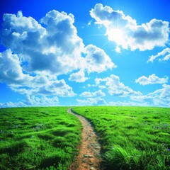 Obraz premium Wide field of green grass, with the horizon in focus and blue sky above 