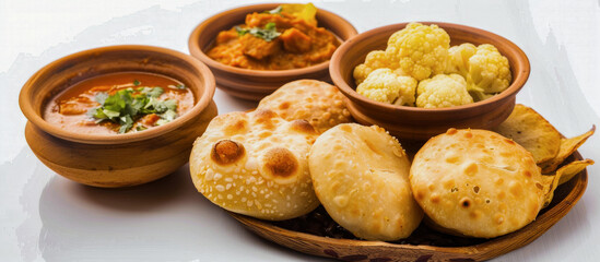 Attractive spread of Indian food with sesame-topped naan, curry, cauliflower, and potatoes in traditional bowls