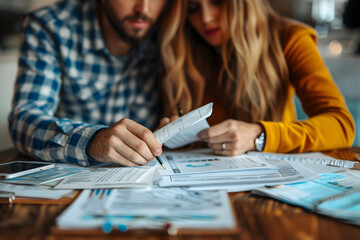 A couple examines documents and makes notes, deeply engrossed in managing finances together