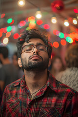 Fototapeta premium A young man closes his eyes, savoring the moment under a canopy of blurred colorful lights