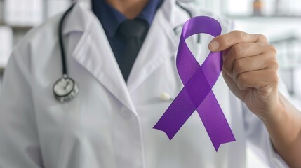 A doctor holds a purple ribbon to raise awareness for ADD and ADHD highlighting the importance of medical care and support for these conditions