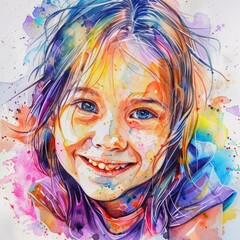 Vibrant Watercolor Portrait of a Happy Girl Generative AI