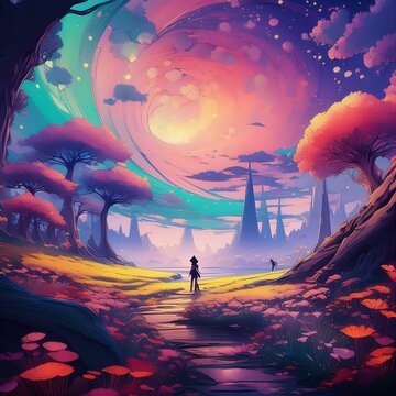 En un viaje psicod&eacute;lico, la realidad se transforma en un torbellino de colores y formas vibrantes que danzan ante los ojos del observador. Visualiza un paisaje surrealista donde el cielo est&aacute; salpicad