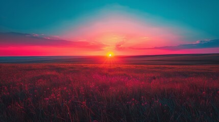 Fields and Meadows Grassland Sunset: A neon photo capturing the beauty of a grassland at sunset