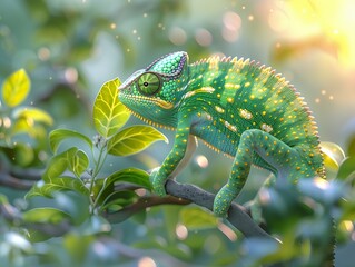 Fototapeta premium Chameleon Colorful Neon Close-Up Food Dining Blurred Background Image