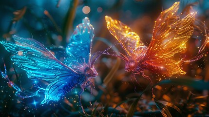 Neon Fantasy Creatures Fairies: A photo of imaginary creatures like fairies depicted in neon colors