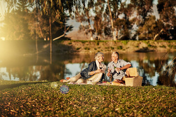 Senior couple, alcohol and picnic in outdoor for love, romance and relax by lake in nature. Elderly people, speaking and drink wine on vacation, holiday and calm retirement for bonding by river