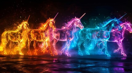 Neon Fantasy Creatures Unicorns: A photo of imaginary creatures like unicorns depicted in neon colors