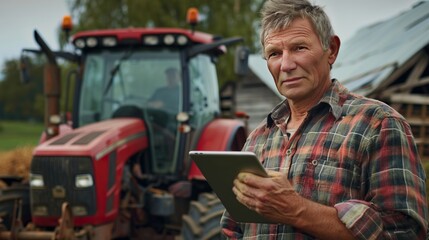 Portrait of farmer with tablet in front of his tractor - Powered by Adobe