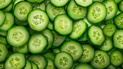 Background of green sliced cucumbers. Round slices of fresh cucumber.
