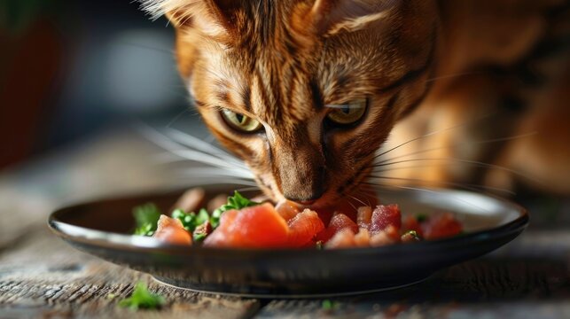 An Abyssinian cat engaged in eating a balanced BARF meal of raw organ meats, focused closely to capture its intense concentration