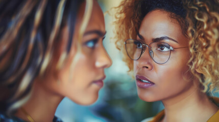Obraz premium Two women are looking at each other with one wearing glasses