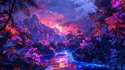 Neon Wildlife Landscapes Eclectic Wildlife: A photo featuring a mix of eclectic wildlife in neon-lit landscapes