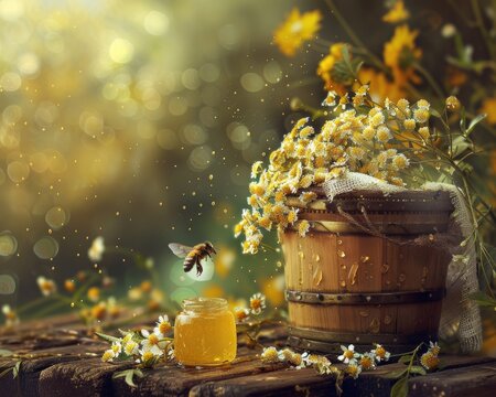 Bienenkorb - The Art of Apiculture in Summer. A Diligent Honey Bee Gathering Nectar