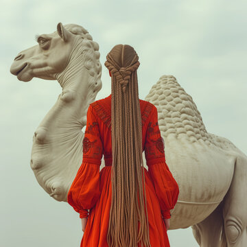 A beduin girl with many long braides in a bright red boho outfit standing with a giant white sculpted camel. Conceptual photo of  how Modern life became disconnected from Nature