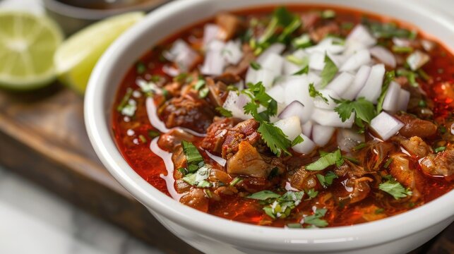 Red Menudo: Authentic Mexican Tripe Stew with Cilantro, Onion, and Lime in White Bowl. Traditional