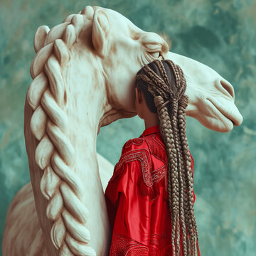 A beduin girl with many long braides in a bright red boho outfit standing with a giant white sculpted camel. Conceptual photo of  how Modern life became disconnected from Nature