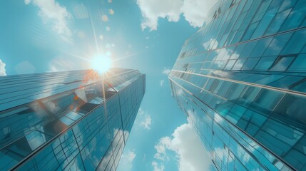 Skyscraper glass facades on a bright sunny day with sunbeams in the blue sky. Modern buildings in...