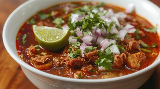 Tasty Menudo - Authentic Mexican Red Stew with Tripe, Cilantro, Onion, and Lime in a Traditional