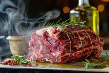 Organic Grass Fed Cross Rib Roast Searing with Steam. Perfect Cut for Braising and Cooking.