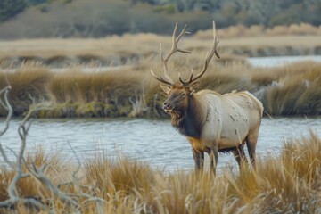 Tule Elk Bull in Windy California Marshland: Wild Mammal with Majestic Antlers Among Reeds