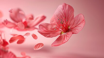 levitating Flower cutted pieces, separated, matte pink color background, professional studio photography, hyper realistic, minimalism, negative space, high detailed, sharp focus