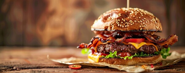 Tasty homemade burger with crispy bacon and vegetables on a rustic serving board