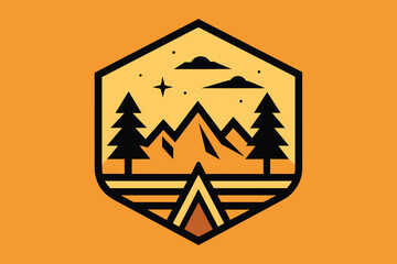 camping logo vector line style. Retro summer camp badge graphic logo emblem design