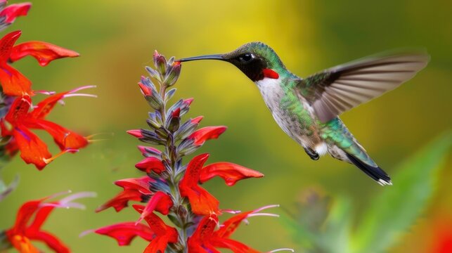 Ruby-Throated Hummingbird Feeding on Lobelia Cardinalis Flower in Beautiful Backyard Bokeh
