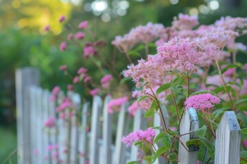 Obraz premium Pink Perennial Joe-Pye Weed in Native Garden with Fence Background