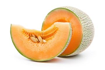 Fresh Ripe Charentais Melon Fruit Portion on White Background. Close-up of Orange Pulp and Seeds