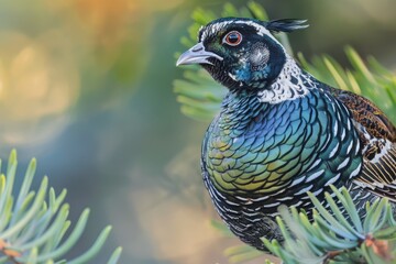 Obraz premium Portrait of a Watchful Gambels Quail: Closeup View of Black, White, and Green Feathers