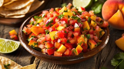 Deliciously Refreshing Peach Salsa with Tomatoes, Lime, and Traditional Mexican Flair. Perfect