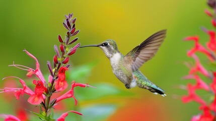 Fototapeta premium Lobelia Cardinalis Blossom attracting a Ruby-throated Hummingbird. Beautiful Avian Beauty