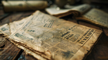 An antique set of newspapers spread on a rustic wooden surface, evoking a historical ambience