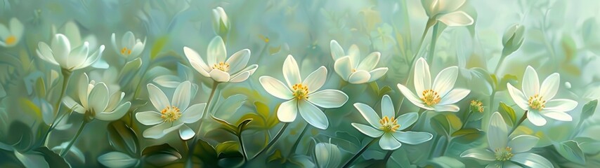 Soft watercolor strokes create a tranquil setting where chickweed blooms carpet the ground, their petite blossoms and slender stems whispering tales of sunlit fields and breezy afternoons.