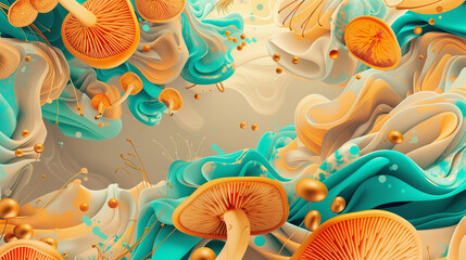 wonderful abstract design with magic mushrooms and decorative psychedelic organic shapes in bright colors like turquoise, beige and orange - modern fantasy fairy