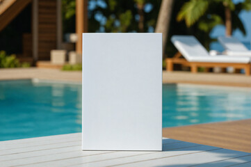 Blank book cover template standing on table against summer blurred background, pool, water, palms, resort. Front view of magazine mockup. Vacation, holiday leisure