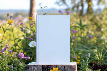 Blank book cover template standing on wooden stump against summer, spring blurred background, blooming flowers, nature, meadow, field. Front view of magazine mockup in natural light