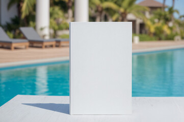 Blank book cover template standing on table against summer blurred background, pool, water, palms, resort. Front view of magazine mockup. Vacation, holiday leisure