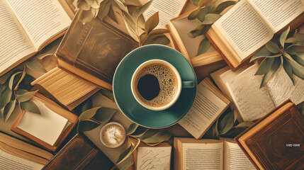 Literary Coffee Morning Advertising Mockup with Books and Cup of Coffee