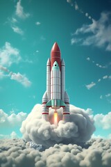 A rocket ship is launching from a cloud of smoke. The sky is blue and cloudy. The rocket is red and white.