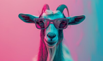 cool goat wearing sunglasses on colorful background. illuminated by cyan and magenta light color.